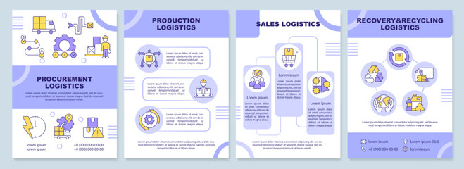 Logistic fields purple brochure template. Supply chain. Leaflet design with linear icons. Editable 4 vector layouts for presentation, annual reports. Arial-Black, Myriad Pro-Regular fonts used