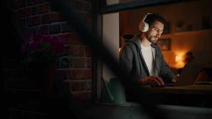 Aufkleber - Professional Software Engineer Working From Home Office. Tired IT Specialist Feeling Sleepy and Finising Important Project. Software and Application Development. View From Outdoors into Window.