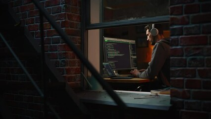 Aufkleber - Night Home Office: Developer Working on Desktop Computer. Digital Entrepreneur Typing Code, Creating Software, e-Commerce App, e-Business Programming. View From Outdoors into Window. Static Wide Shot.