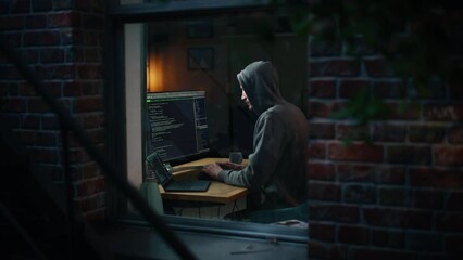 Fototapete - Night Apartment: Evil Male Hacker wearing Hoodie Breaks into Data Server Room, DDOS Attack, Phishing Scheme, Malware. Darknet Cyber Crime Concept. View From Outdoors into Window.