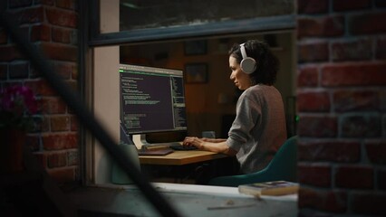 Aufkleber - Hispanic Female Programmer in Headphones Listening Podcast and Working on Desktop Computer, Screen Shows Coding Language User Interface. Digital Entrepreneur Creating Modern Software.