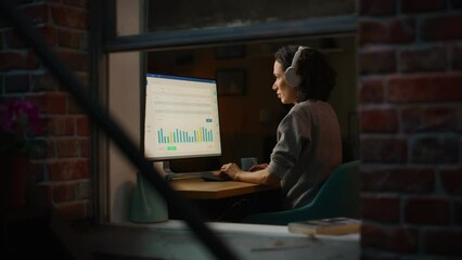 Aufkleber - Hispanic Woman Developer Working in Evening on a Desktop Computer in Home Environment. Beautiful Diverse Latin Female Software Engineer is Checking Her Tasks at the Dashboard.
