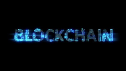 Poster - abstract glitch cybernetic text BLOCKCHAIN lighting blue electrical light, isolated