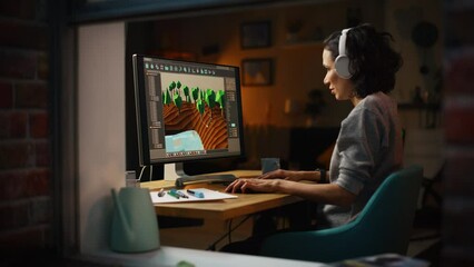 Aufkleber - Female Video Game Designer Works on a New 3D Level on Her Personal Computer. Focused Woman Creating Metaverse and Design Video Game. Shot Into the Apartment Window Late at Night.
