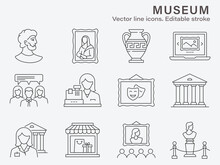 Museum Icon Set. Collection Of Sculpture, History, Antique, Gallery And More. Vector Illustration. Editable Stroke.
