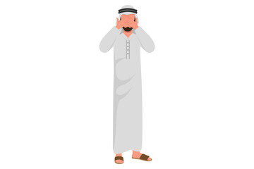 Wall Mural - Business flat cartoon style drawing Arab businessman covering his eyes with hands and making don't see gesture. Man shows scary, fear, does not want to see gesture. Graphic design vector illustration