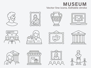 Museum icon set. Collection of sculpture, history, antique, gallery and more. Vector illustration. Editable stroke.