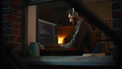 Aufkleber - Night Home Office: Developer Working on Desktop Computer. Digital Entrepreneur Typing Code, Creating Software, e-Commerce App Design, e-Business Programming. View From Outdoors into Window. Low angle.