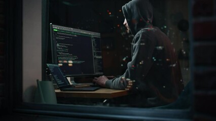 Aufkleber - Hacker Using Desktop Computer to Perpetuate Cyber Attack, Doing DDOS Attack, Sends Viruses, Phishing Software, Malware, Stealing Private Data, Credit Card Fraud. Shot into City Apartment Window.