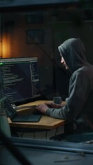 Fototapete - Vertical Screen: Night Apartment: Evil Greedy Hacker wearing Hoodie Breaks into Data Servers, Does DDOS Attack, Phishing Scheme, Malware, Sends Virus. Cyber Security and Cyber Crime Concept.
