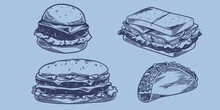 Hand Drawing Fast Food Set Of Sandwiches, Two Hamburgers, Hot Dogs, Kebabs.Junk Food Restaurant Fast Food Menu