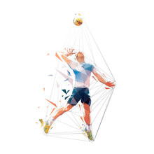Volleyball Player Serves The Ball, Jump Serve, Abstract Isolated Low Polygonal Vector Illustration, Front View. Volleyball Hitter, Geometric Drawing From Triangles