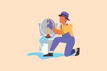 Wall Mural - Business flat cartoon style drawing toilet cleaning, plumbing service. Plumbing toilet leakage, clogging, plumber repair tools. Sewage system. Toilet bowl and sewer. Graphic design vector illustration