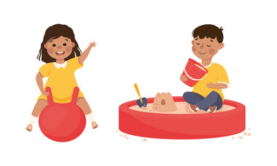 Sticker - Smiling Girl and Boy in Sandpit and Bouncing on Ball Playing and Having Fun Vector Set