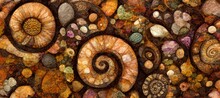 Rustic Autumn Hues Spiral Ammonite Fossil Embedded In Rock, Surrounded By Pebbles And Chips Of Jasper, Quartz And Amber. Decorative Modern Prehistoric Art. 