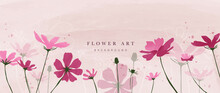 Spring Floral In Watercolor Vector Background. Flower Garden Wallpaper Design With Pink Flowers, Garden, Line Art. Blossom Botanical Illustration Suitable For Fabric, Prints, Cover.
