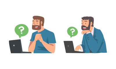 Wall Mural - Young Bearded Man Character Asking Question Using Internet Search System on Laptop Vector Set