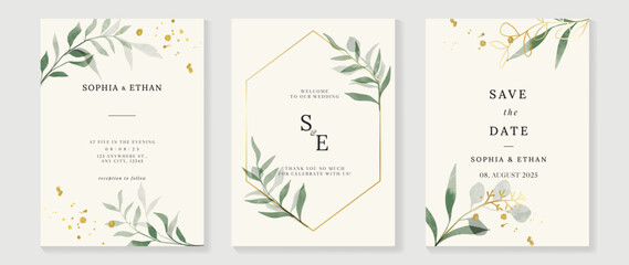 Luxury botanical wedding invitation card template. Watercolor card with gold line art, eucalyptus, leaves branches, foliage. Elegant blossom vector design suitable for banner, cover, invitation.