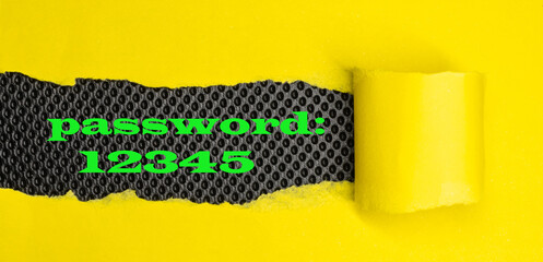   Password:12345. Word written yellow cardboard under modern black background.