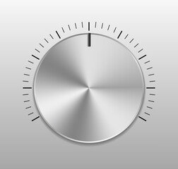 Poster - Knob of volume. Metal button of music. Dial for sound. Chrome steel texture for ui. Control of level of audio. Realistic round silver panel for rotate from min to max. Premium switcher. Vector