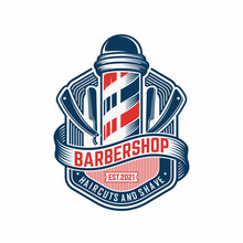 Vector Vintage Barber Shop Logo For Your Design. For Label, Badge, Sign Or Advertising. Hipster Man, Hairdresser Logo.