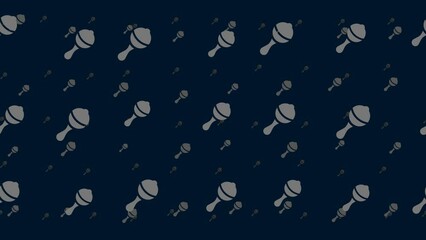 Poster - Baby rattle symbols float horizontally from left to right. Parallax fly effect. Floating symbols are located randomly. Seamless looped 4k animation on dark blue background