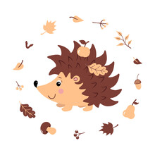 Cute Hedgehog Carries Apple On His Back.  Autumn Card With Cartoon Animal  Inside Frame Of Autumn Gifts: Fruits, Pear, Berries, Leaves, Mushroom, Seed, Acorn.  Flat Vector Illustration.  
