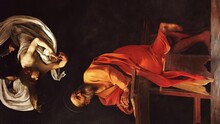 St. Matthew And The Angel. Caravaggio Painting From The Painting Cycle For The Contarini Chapel. Animation. Art History. Animated Picture Art