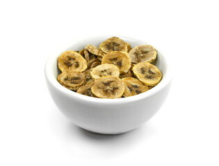 Poster - Dried banana slice isolated on white background. multiple dried banana chips snacks isolated over the white background.