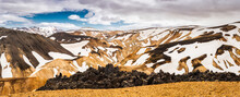 Viewpoint Of Brennisteinsald Trail With Snow Covered Volcanic Mountain In Landmannalaugar At Highlands Of Iceland