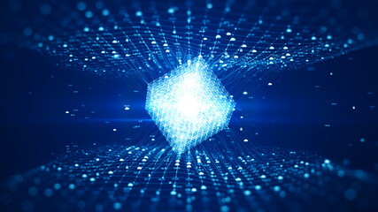 Poster - Blockchain network concept. Big data connection digital cube on digital data background with cloud icon and padlock Demonstrate the concept of cybersecurity or data privacy. 3D illustration.