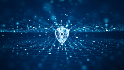 Poster - cybersecurity concept. shield with keyhole icon on digital data background. with cloud and padlock i