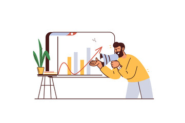 Poster - Marketing concept with people scene in flat cartoon design. Man with megaphone presents a new product and analyzes its sales data using a chart. Vector illustration.