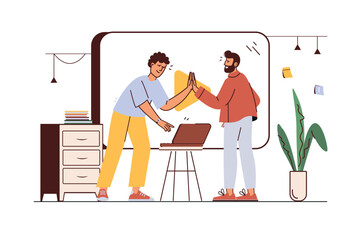 Poster - Teamwork concept with people scene in flat cartoon style. Men have successfully completed a joint task in the office. Vector illustration.