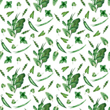 Seamless Pattern Of Watercolor Elements On A White Background. Fragrant Herbs, Parsley, Basil, Arugula Hand-painted In Watercolor.