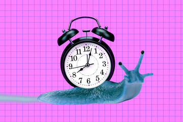 Wall Mural - Composite collage illustration of snail crawl hold big classic clock isolated on purple checkered background