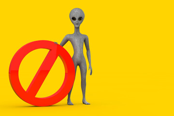 Poster - scary gray humanoid alien cartoon character person mascot with red prohibition or forbidden sign. 3d