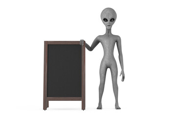 Aufkleber - Scary Gray Humanoid Alien Cartoon Character Person Mascot with Blank Wooden Menu Blackboards Outdoor Display. 3d Rendering