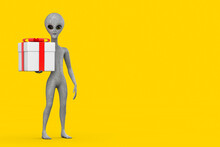 Scary Gray Humanoid Alien Cartoon Character Person Mascot And Gift Box With Red Ribbon. 3d Rendering