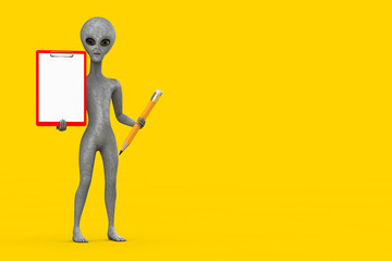 Poster - Scary Gray Humanoid Alien Cartoon Character Person Mascot with Red Plastic Clipboard, Paper and Pencil. 3d Rendering