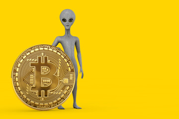 Poster - Scary Gray Humanoid Alien Cartoon Character Person Mascot with Digital and Cryptocurrency Golden Bitcoin Coin. 3d Rendering