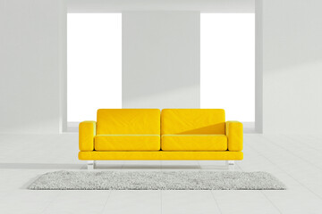 Poster - White Abstract Interior with Yellow Sofa and Hair Carpet. 3d Rendering