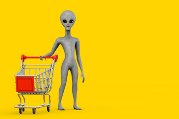 Wall Mural - Scary Gray Humanoid Alien Cartoon Character Person Mascot with Shopping Cart Trolley. 3d Rendering