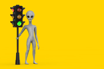 Aufkleber - Scary Gray Humanoid Alien Cartoon Character Person Mascot with Traffic Green Light. 3d Rendering