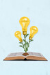 Leinwandbild Motiv Vertical collage picture of open book growing light bulb plant isolated on creative drawing background