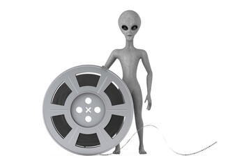 Poster - Scary Gray Humanoid Alien Cartoon Character Person Mascot with Film Reel Cinema Tape. 3d Rendering