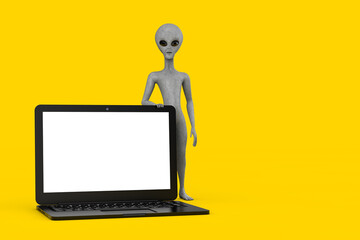 Leinwandbilder - Scary Gray Humanoid Alien Cartoon Character Person Mascot with Modern Laptop Computer Notebook and Blank Screen for Your Design. 3d Rendering