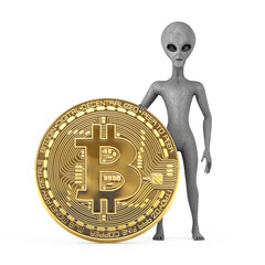 Poster - Scary Gray Humanoid Alien Cartoon Character Person Mascot with Digital and Cryptocurrency Golden Bitcoin Coin. 3d Rendering