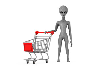 Poster - Scary Gray Humanoid Alien Cartoon Character Person Mascot with Shopping Cart Trolley. 3d Rendering