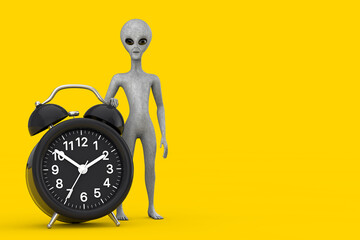 Leinwandbilder - Scary Gray Humanoid Alien Cartoon Character Person Mascot with Alarm Clock. 3d Rendering